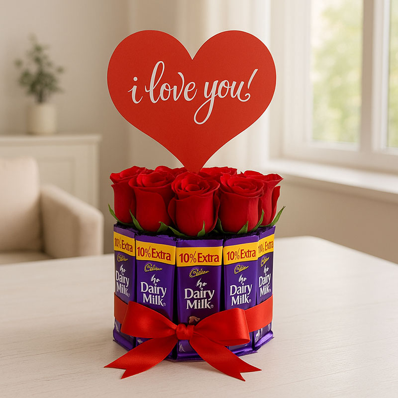 Buy or Order Red Roses And Dairy Milk Arrangement - Midnight Gifts Delivery Online : OyeGifts
