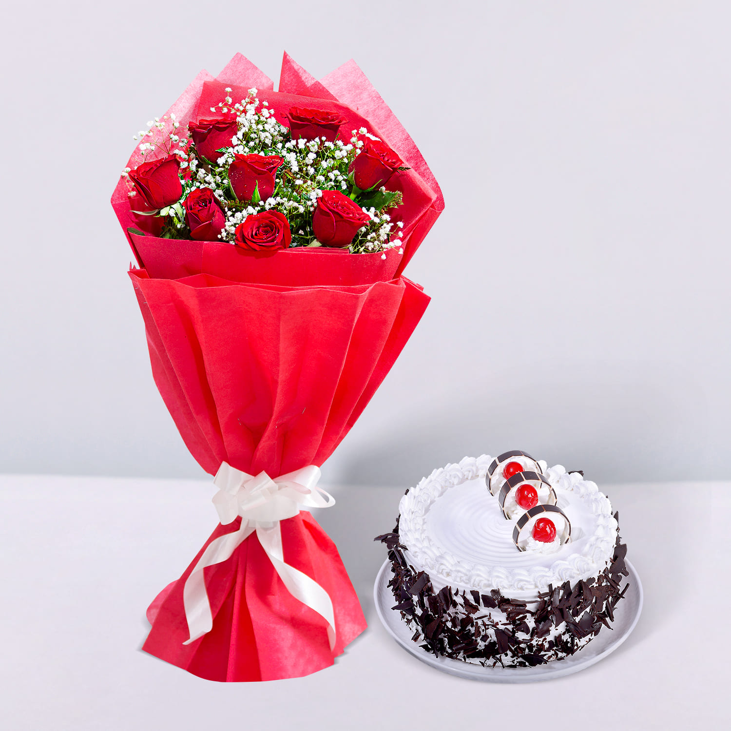 Buy/Send Black Forest Cake with Red Roses Online-  |