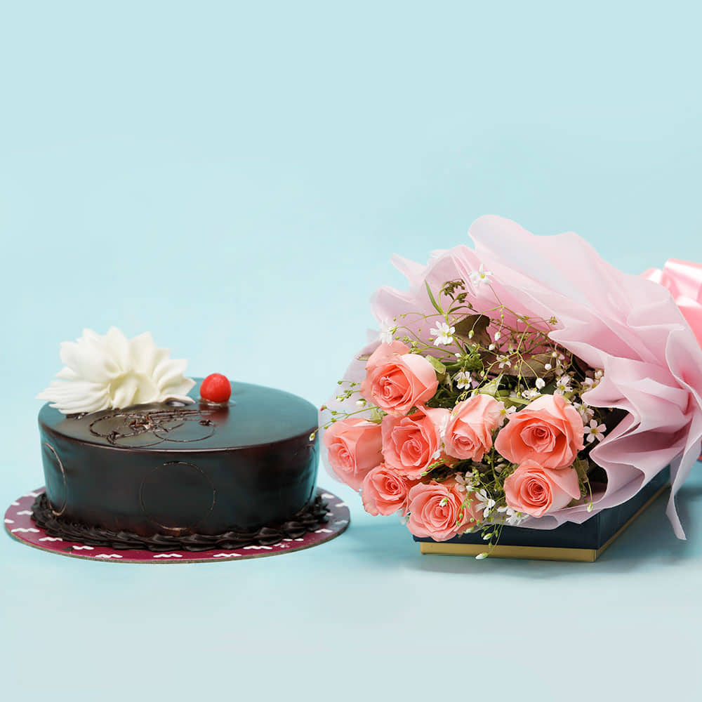 Buy/Send 8 Pink Roses And Chocolate Cake Combo