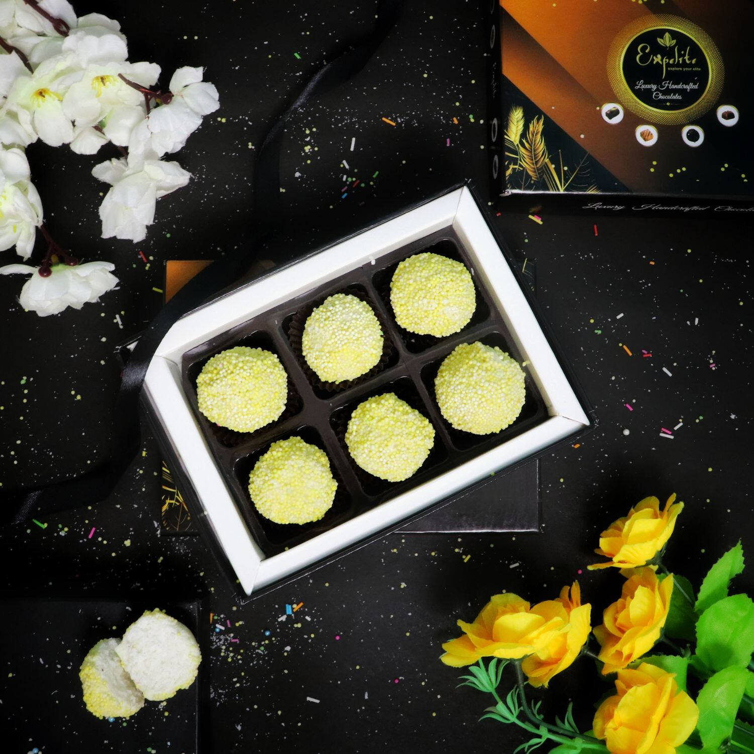 Box of Yellow Truffle Chocolates with Coconut Fillings |
