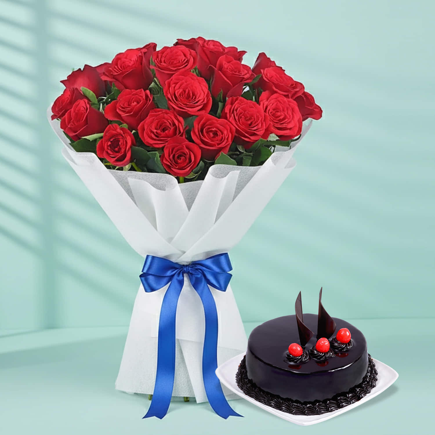 15 Red Rose Bouquet with Chocolate Truffle Cake |