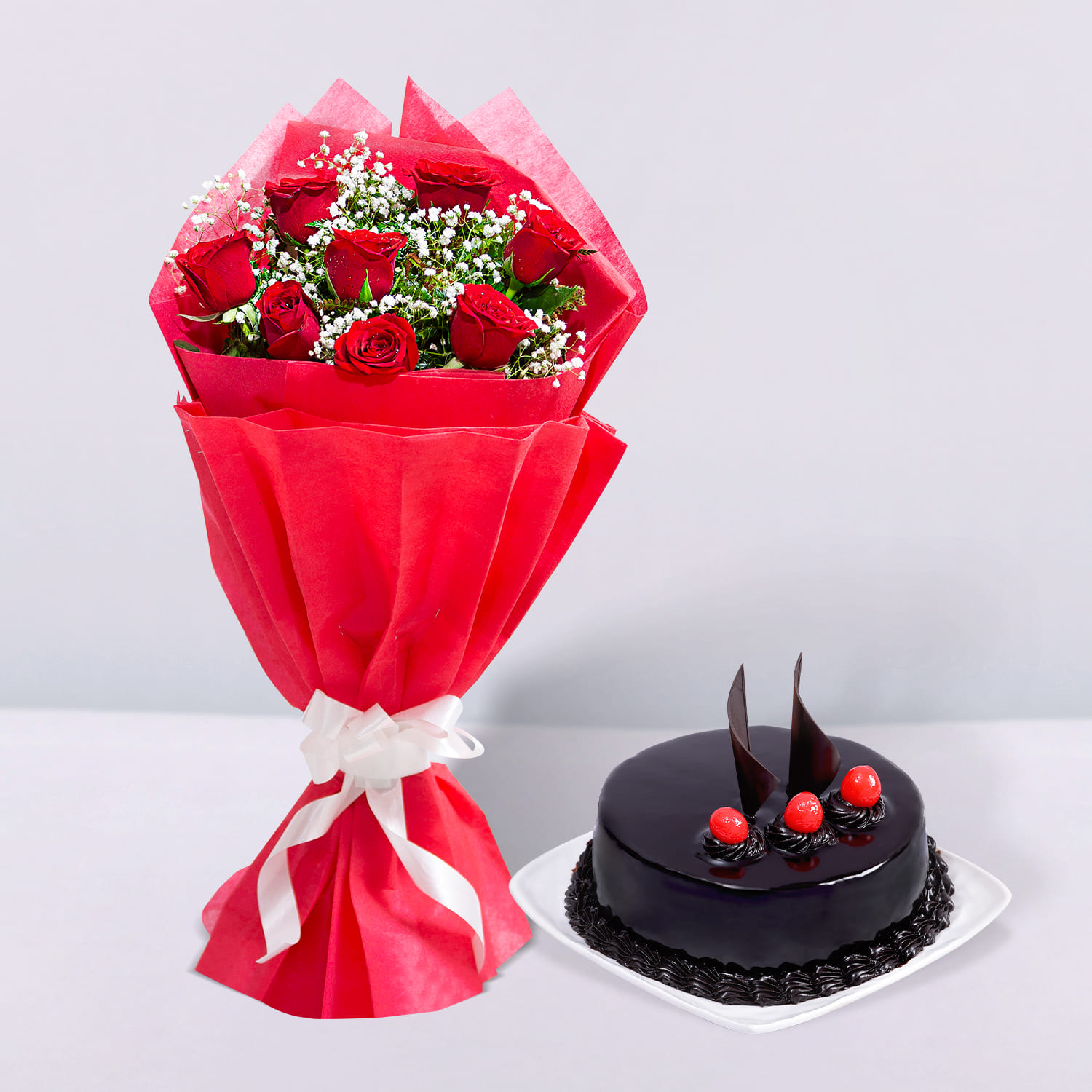 Buy/Send Red Roses and Chocolate Cake Online |