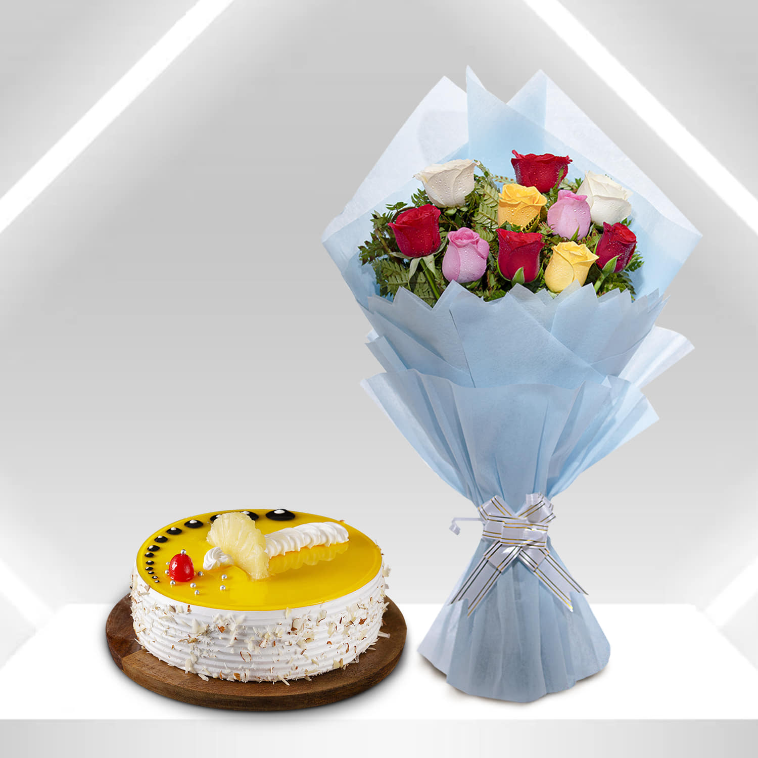 Glittery Roses And Pineapple Cake Combo |