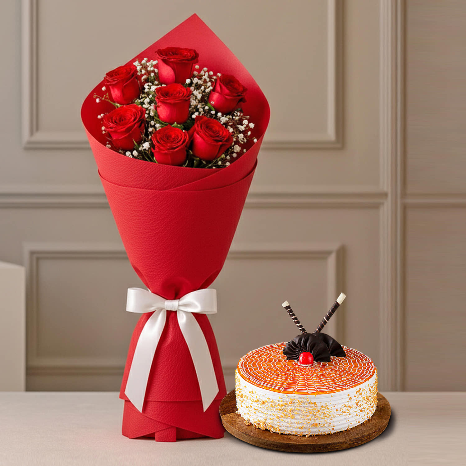 7 Red Rose Bouquet with Butterscotch Cake |