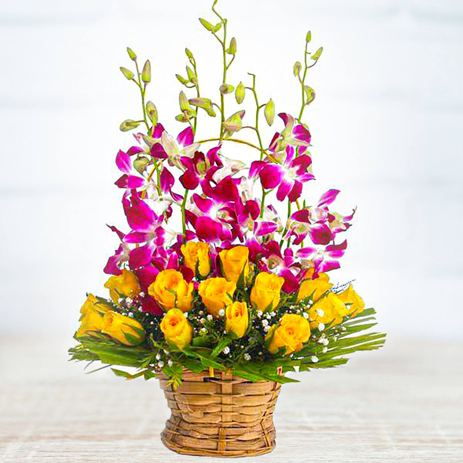 Buy Perfect Basket Arragement Of Rochids And Yellow Roses From  |