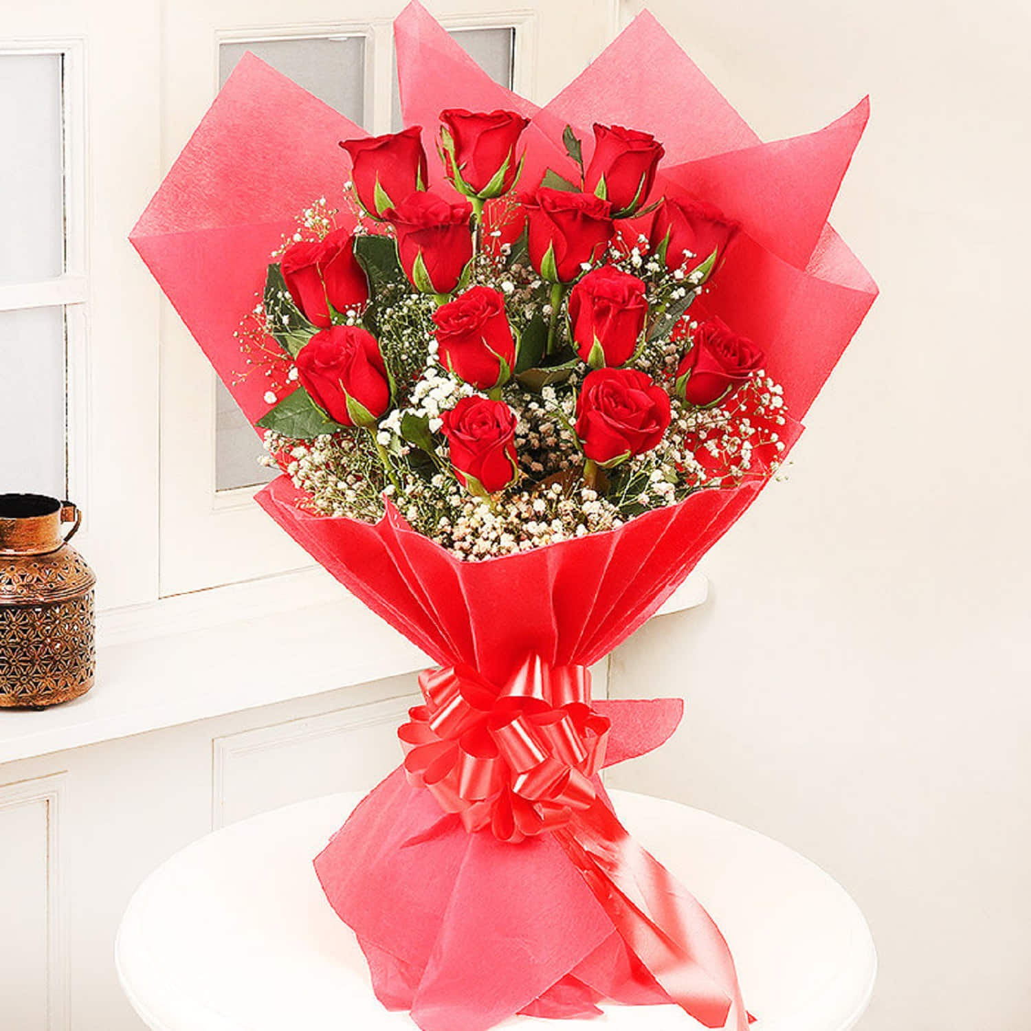 Red Roses in Red Packing Bouquet |