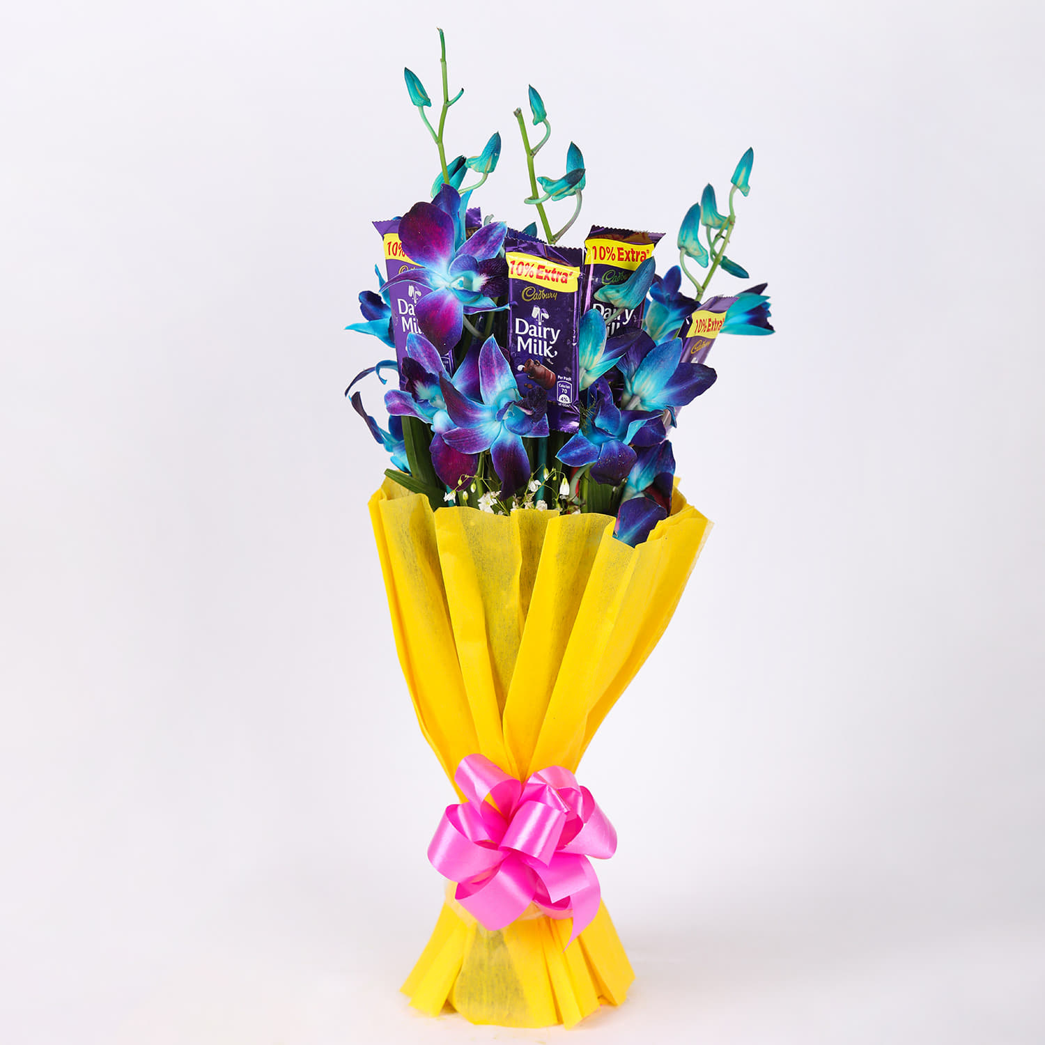 Buy Online Blue Splash With Orchids and Dairy Milk |