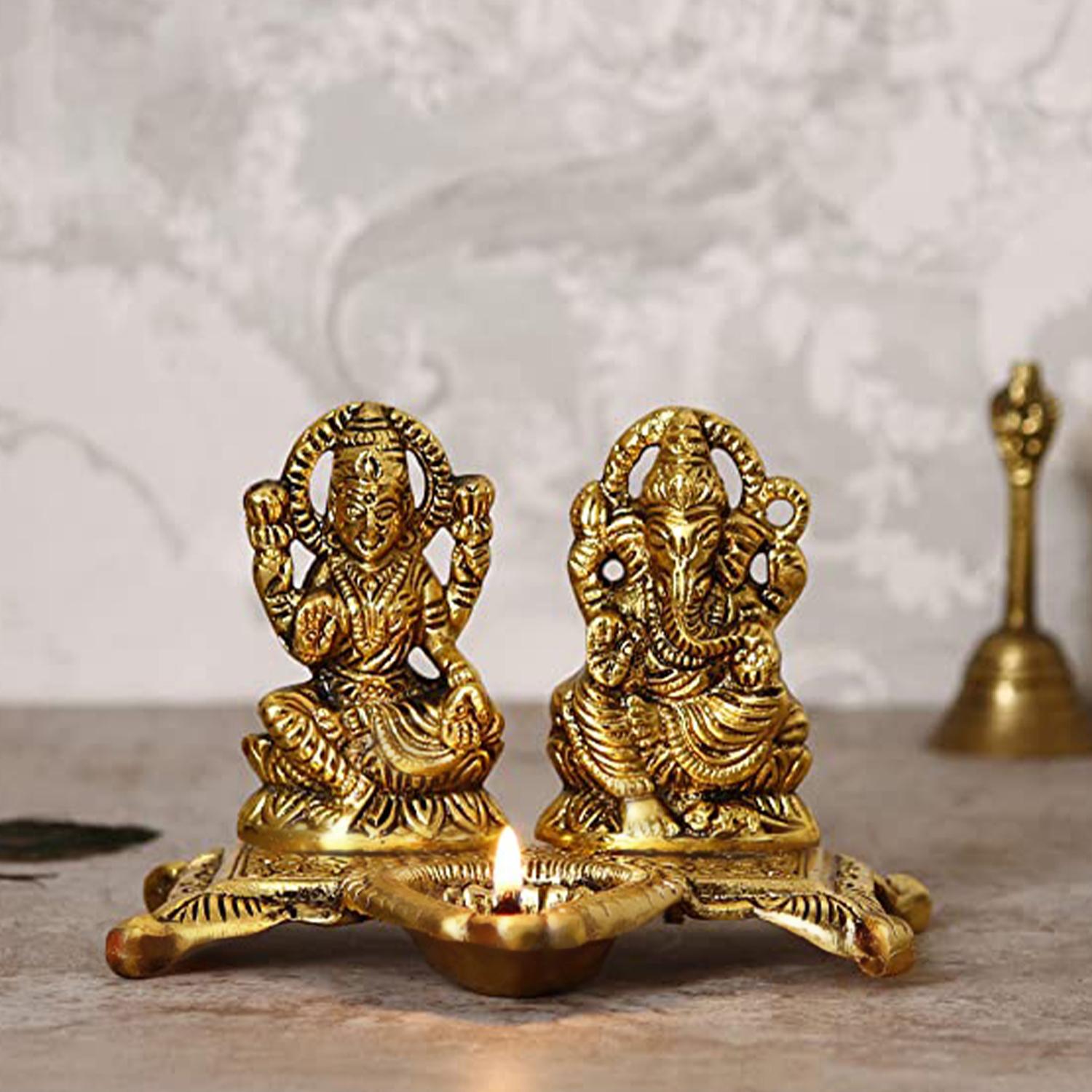 Golden Goddess Laxmi With Lord Ganesha Idol |