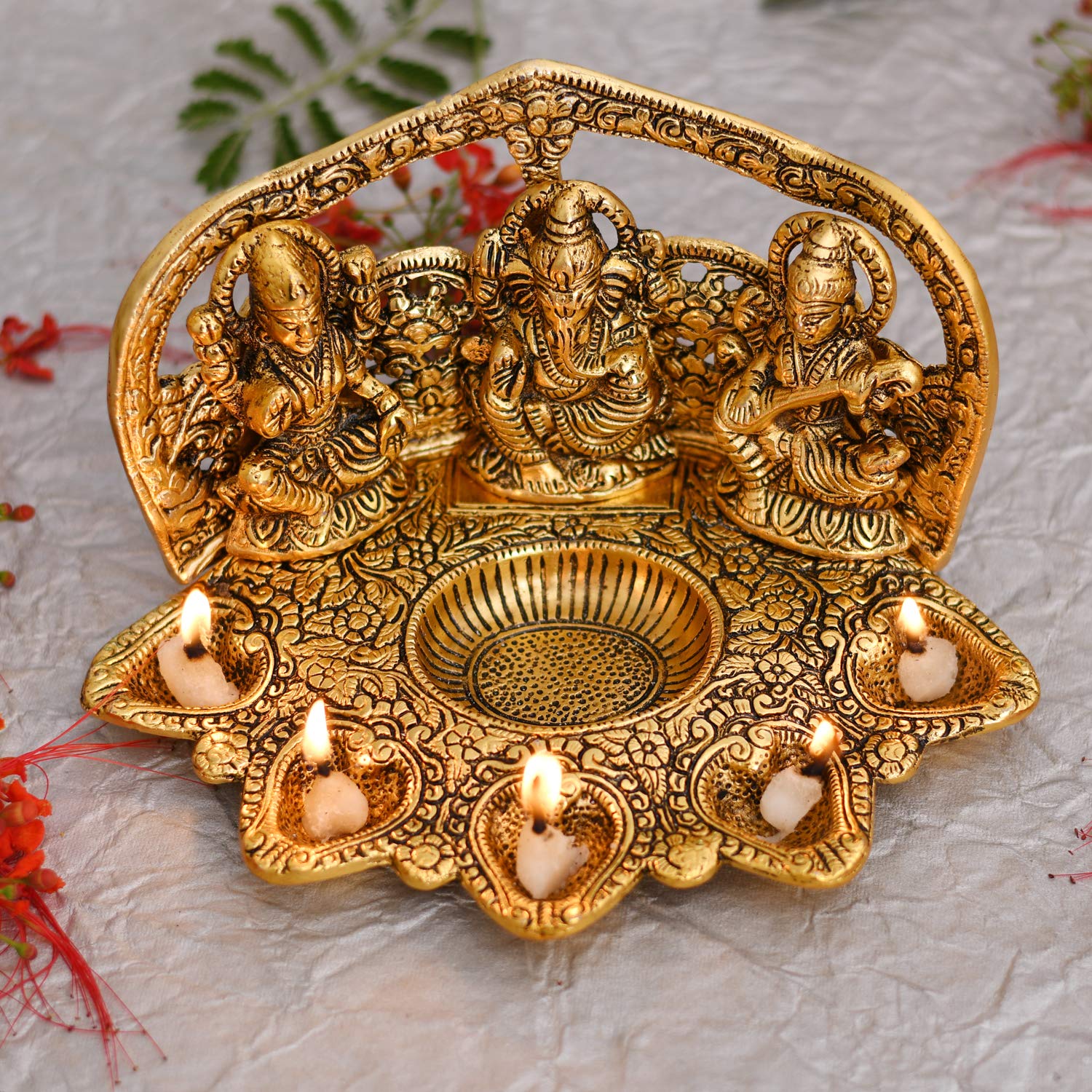 Lakshmi Ganesh Sarasvati Idol with Diya |