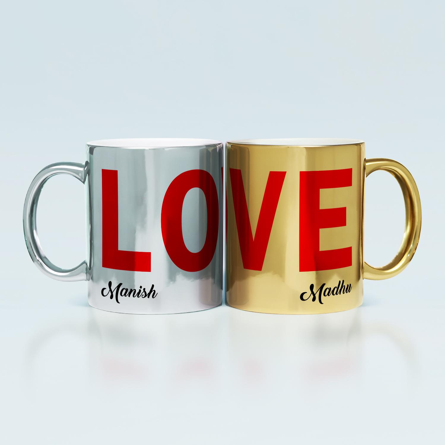 Love Silver And Golden Personalized Couple Mugs |