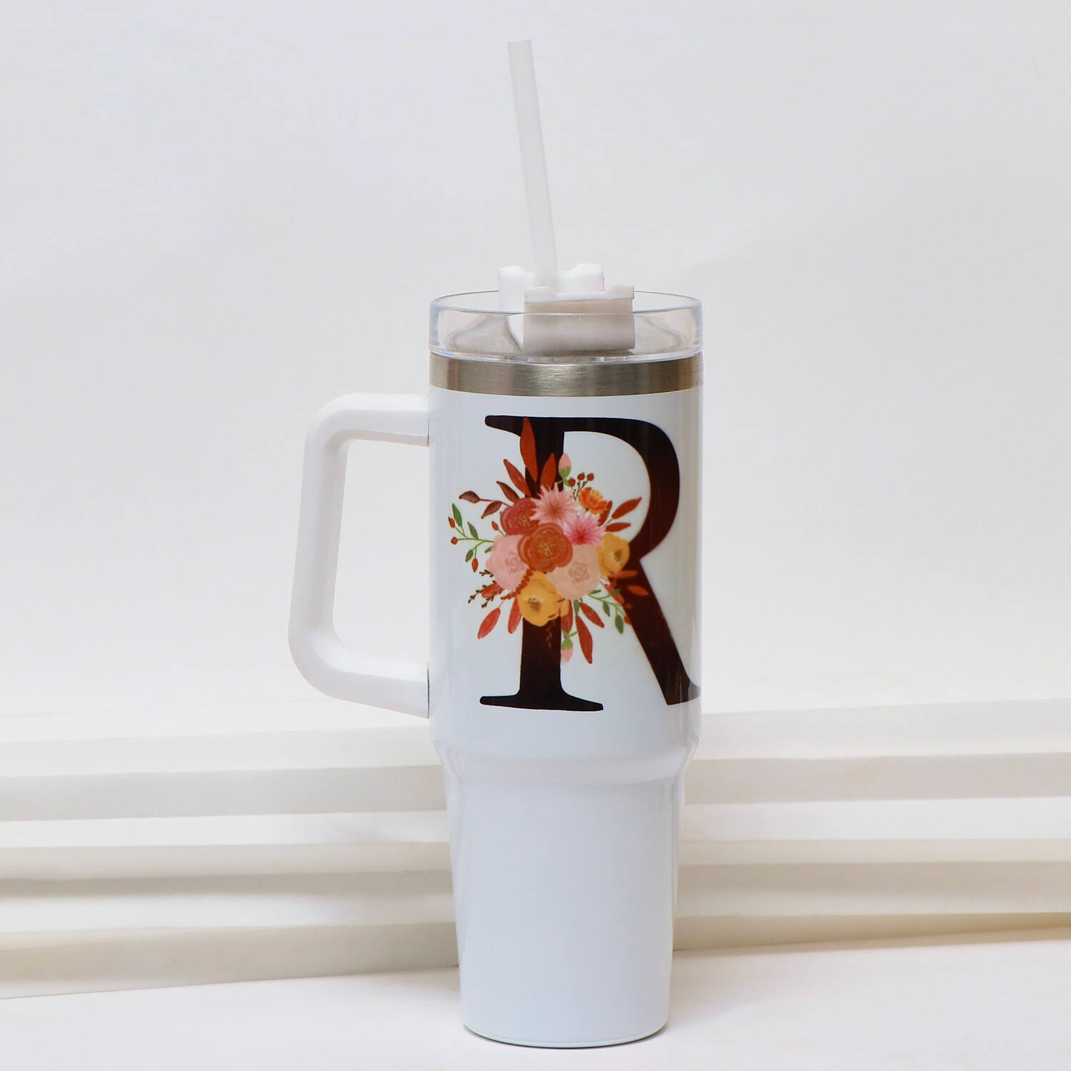 Floral Monogram Handled Tumbler with Straw |