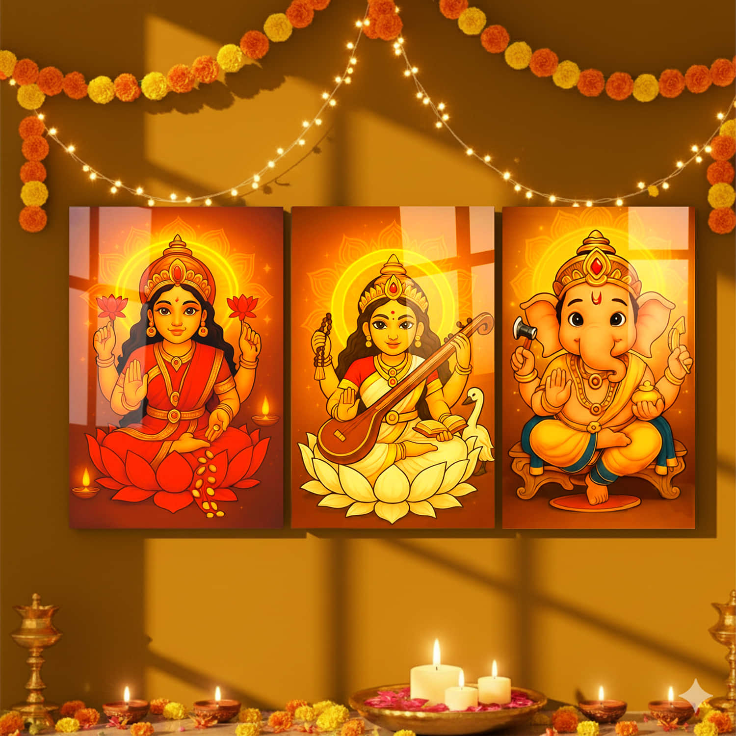 Lakshmi Ganesh Saraswati Wall Frame Set Of 3 |