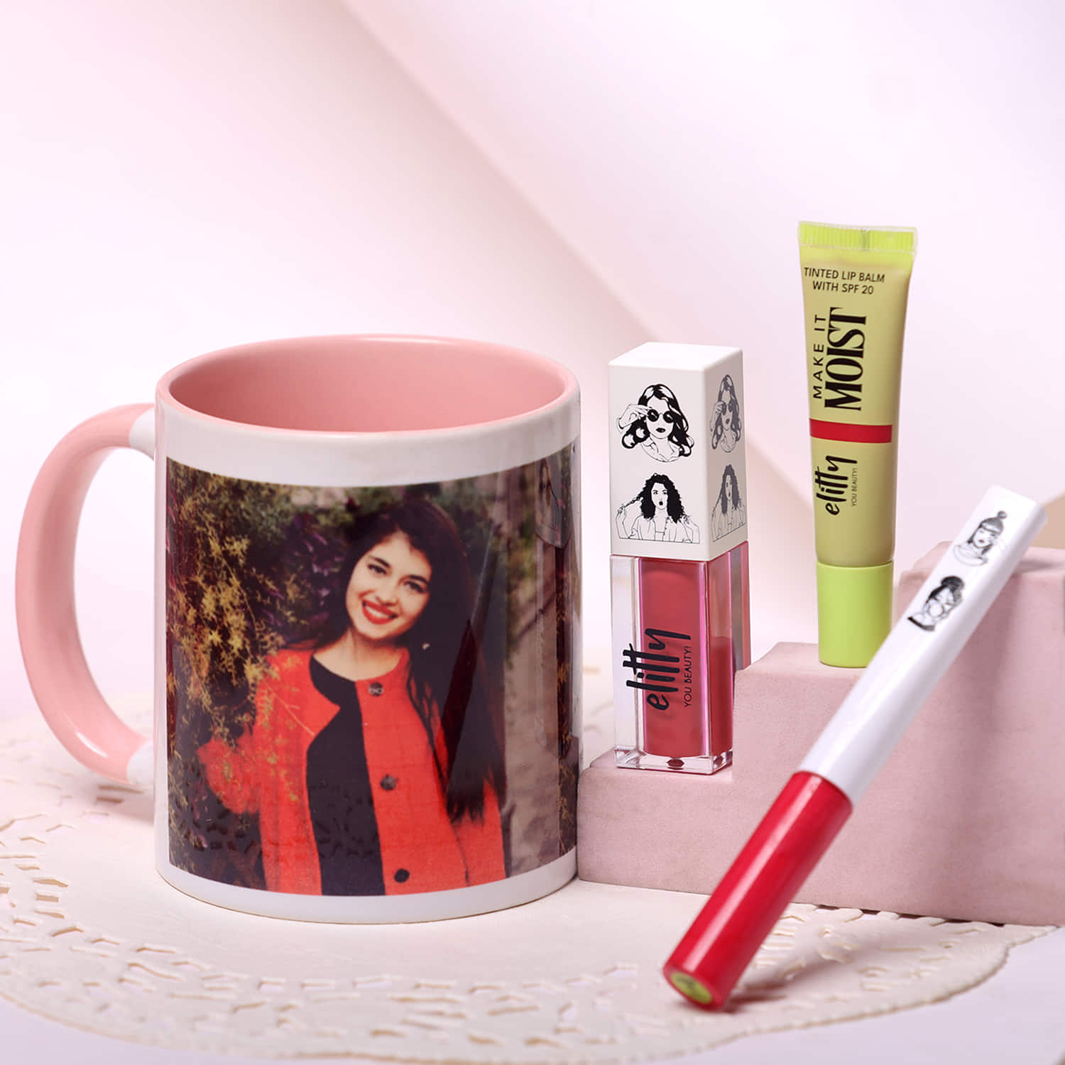 Personalized Pink Mug with Beauty Essentials |