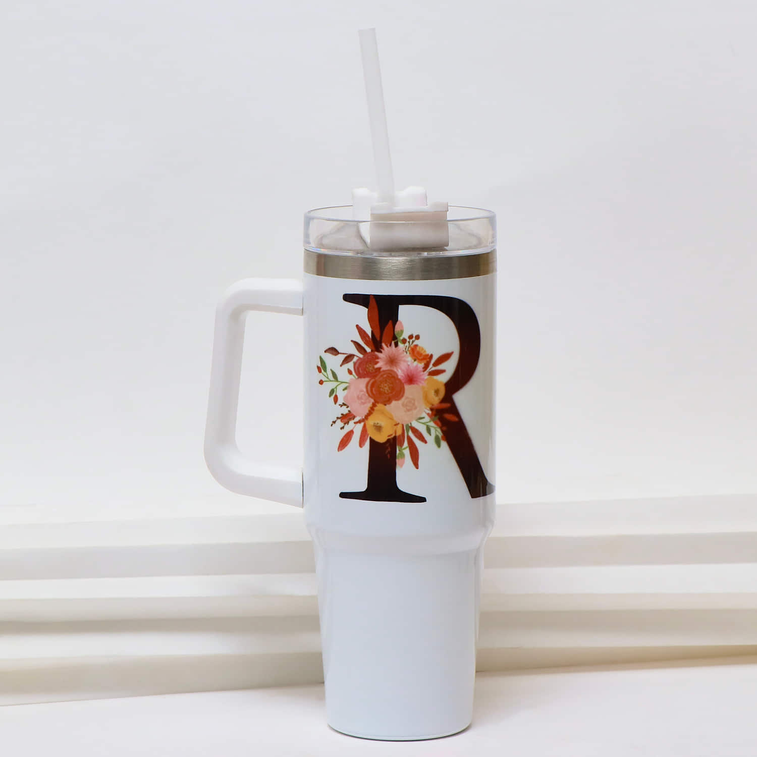 Floral Monogram Handled Tumbler with Straw |
