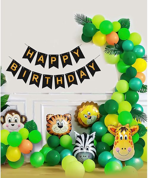 Jungle Birthday 57 pcs  Decoration DIY  Kit | Happy Birthday Animal Theme Decoration items for Kids Boy Girl| Green,Golden , White and Animal Balloons