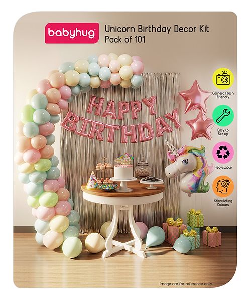 Babyhug Unicorn Themed Birthday Decor Kit - Multicolor - 101 Pcs | Includes Rose Gold happy birthday foil balloon, Foil Curtains, Pastel Balloons, Magic Candles, Hat, Foil Unicorn