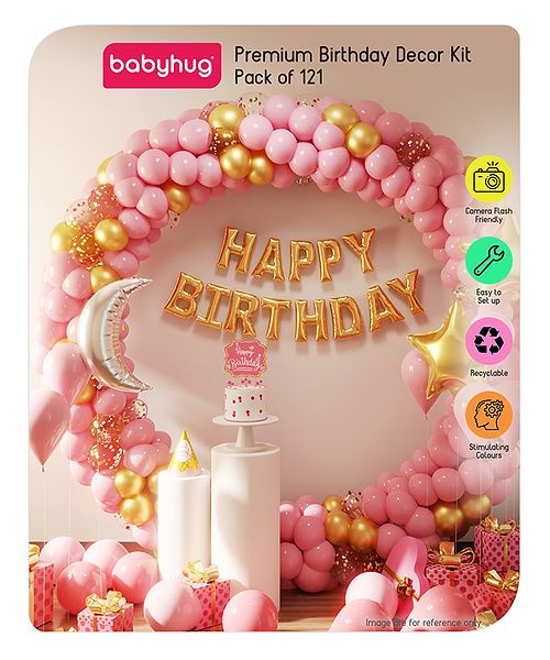 Babyhug Premium Birthday Decoration Kit - Pack of 121 - Multicolor | Party Decor Set  | Includes Foil Moon, Foil Star, Hat, Balloons & More | Perfect for Celebrations & Parties