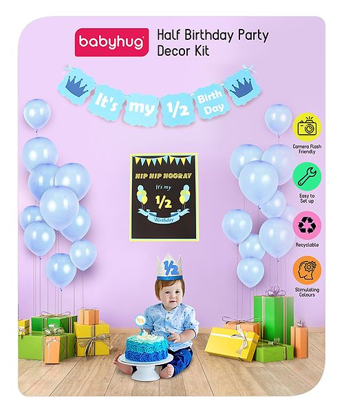 Babyhug Half Birthday Party Decor Kit - Pack of 24 | All-in-One Kit for a Special Half Birthday Celebration | Includes Balloons, Poster, Cake Topper,  Crown, Banner