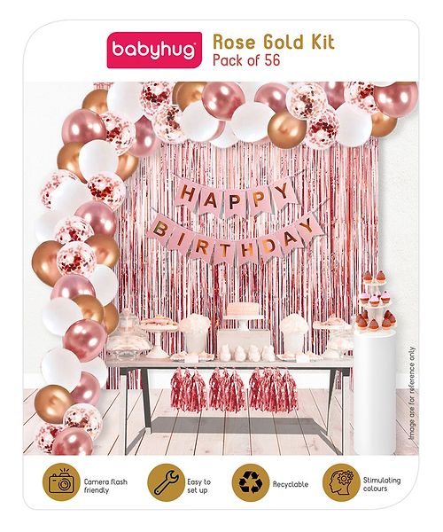 Babyhug Birthday Decoration Kit - Rose Gold - Pack of 56 | Includes Banners, Balloons, Foil Curtains & More | Elegant Look for Special Celebrations