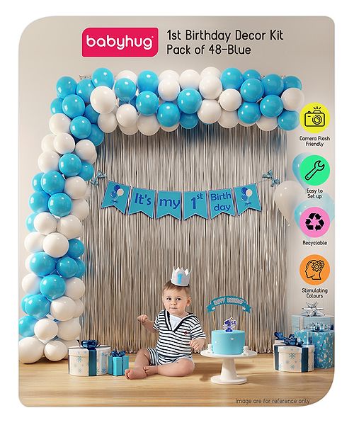 Babyhug 1st Birthday Party Decoration Combo Kit - Pack of 48 - Blue | All-in-one set for a complete party setup | Includes balloons, banner & more essentials