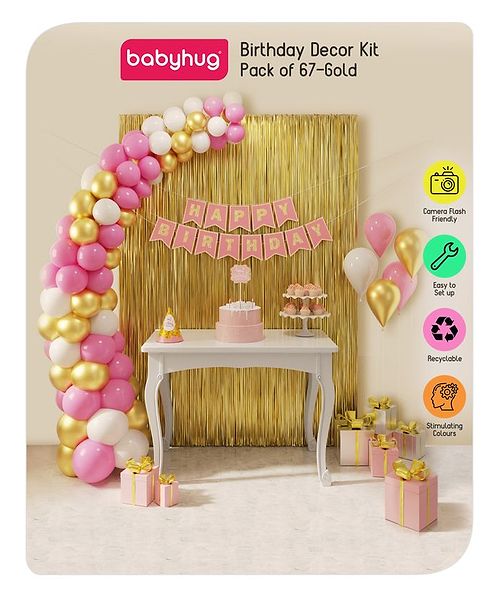 Babyhug Birthday Decor Kit Golden and Pink - Pack of 67