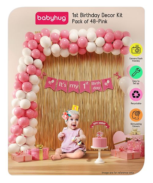 Babyhug 1st Birthday Decoration Kit - Pack of 48 - Pink | Includes Birthday Banner, Balloons & Cake Topper | Ideal for First Birthday Celebration